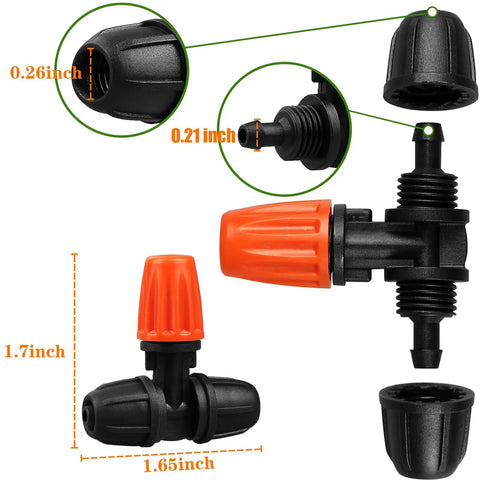 Close-up of 25 Pack Micro Spray Drippers With Three Way Atomizing Nozzles For One Quarter Inch Tubing Lock Barbed Drip Irrigation Fittings