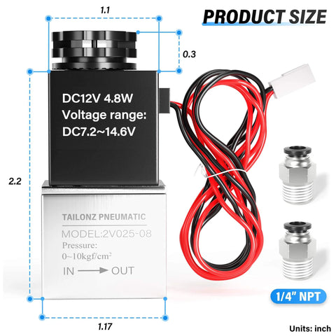 12V DC One Quarter Inch NPT Solenoid Air Valve, 2 Way Normally Closed, 2V025-08 Outlet Wire, image shows product size and specs