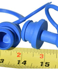 Four Pack Hydraulic Dust Plug Caps For Female ISO Pioneer Quick Connectors 1/2 Inch ID Agricultural Hoses Blue molded caps and tether on tape measure.