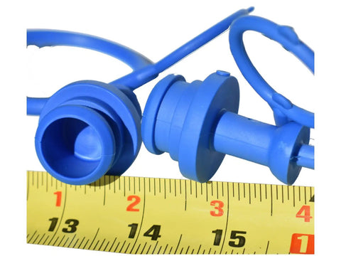 Four Pack Hydraulic Dust Plug Caps For Female ISO Pioneer Quick Connectors 1/2 Inch ID Agricultural Hoses Blue molded caps and tether on tape measure.