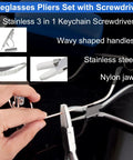Pro Grade 6 Inch Nylon Jaw Round And Flat Nose Pliers For Eyeglasses Adjustment Straight Up Solid Glasses Repair Tool Kit With Mini Precision Screwdriver, hand using pliers on eyeglasses