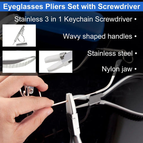 Pro Grade 6 Inch Nylon Jaw Round And Flat Nose Pliers For Eyeglasses Adjustment Straight Up Solid Glasses Repair Tool Kit With Mini Precision Screwdriver, hand using pliers on eyeglasses