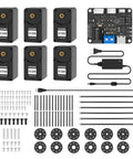 Six Pack 30Kg High Torque Serial Bus Servo Motors 12V With 360 Degree Continuous Rotation Programmable Magnetic Encoder Zero Backlash Heavy Duty Precision For Robotic Arms And RC Cars Industrial Digital Servo Compatible HX30HM, showing six servos, control board, and accessories.