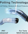 Close-up of Level 2 EV Charger For Tesla Cars 40A NACS 240V Fast Charging Station with waterproof potting technology.