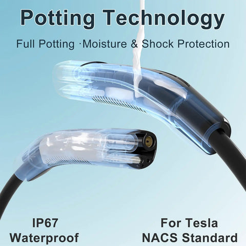 Close-up of Level 2 EV Charger For Tesla Cars 40A NACS 240V Fast Charging Station with waterproof potting technology.