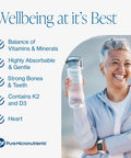 Smiling person holding water bottle next to text promoting balance of vitamins and minerals for strong bones and heart health.