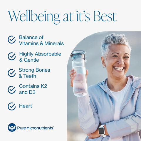Smiling person holding water bottle next to text promoting balance of vitamins and minerals for strong bones and heart health.