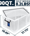 Super Sized 3 Pack Heavy Duty Waterproof Plastic Stackable Storage Totes 90 Quarts Locking Bins With See Thru Front Panels And Snap Shut Side Clips For Bedding Toys Shoes And Gear Game Changer, measuring 90QT with lid.