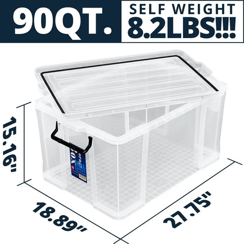 Super Sized 3 Pack Heavy Duty Waterproof Plastic Stackable Storage Totes 90 Quarts Locking Bins With See Thru Front Panels And Snap Shut Side Clips For Bedding Toys Shoes And Gear Game Changer, measuring 90QT with lid.
