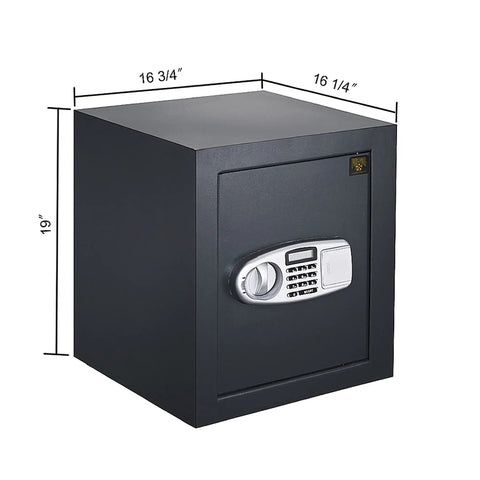 Fireproof Home Safe With Electronic Lockbox And Keypad, Includes Two Keys And Interior Shelf For Cash Jewelry Documents And More, 1700 Degree Fire Rating For 30 Minutes, Wall or Floor Mountable, exterior dimensions visible.