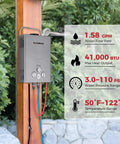 Portable Propane Water Heater For Camping With 41,000 BTU And 1.58 GPM Flow mounted outdoors with specs displayed, foldable handle.