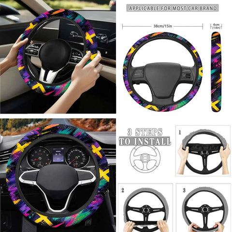 Dope Neon Abstract Car Seat Cover Set 16 Piece For Front And Rear Seats With Shoulder Pads Steering Wheel Cover 38cm