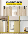 11 Ft Sliding Barn Door Hardware Kit for Heavy Duty Double Door Track System, shown installed on wooden doors in various rooms.