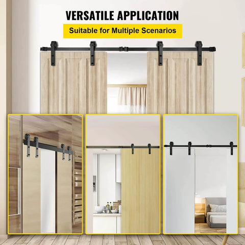 11 Ft Sliding Barn Door Hardware Kit for Heavy Duty Double Door Track System, shown installed on wooden doors in various rooms.