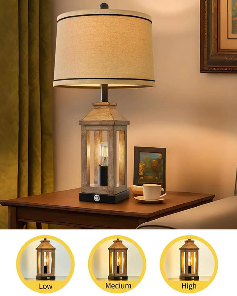Cozy Farmhouse Style Table Lamp With Dual USB Ports And Night Light 3 Way Dimmable Touch Control on a wooden table in living room