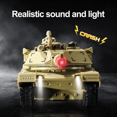 Front view of Realistic M1A2 Abrams RC Tank With IR Battle, Lights And Sounds, 1 To 28 Scale Military Vehicle showing lights and IR feature.