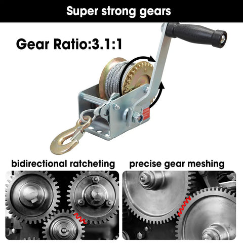 Beefy Manual Hand Crank Winch, 600 Lb Capacity, 26.3 Ft Steel Cable, Rugged Portable Tool for Trailers and Off Road Work, Carbon Steel With Zinc Plated Finish, 3.1:1 gear ratio