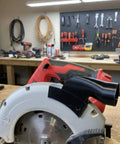 Heavy Duty Circular Saw Dust Adapter With 35mm Vacuum Hose Connector for No Sweat Shop Vac Hookup, detailed view on saw.