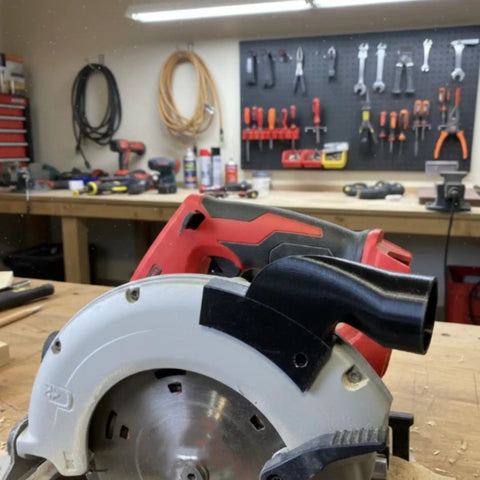 Heavy Duty Circular Saw Dust Adapter With 35mm Vacuum Hose Connector for No Sweat Shop Vac Hookup, detailed view on saw.