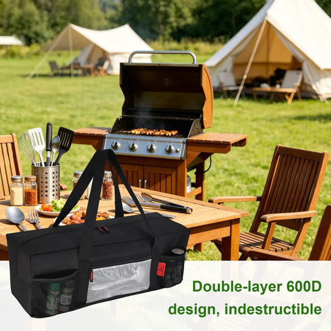 Grill Tool Organizer Bag For 24 Inch Spatulas Tongs And More displayed on an outdoor table near a BBQ grill, 600D Oxford Cloth.