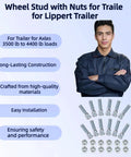 12 Set Trailer Wheel Studs With Nuts For Lippert Axles 3500 To 4400 Lb with man in blue jacket, benefits listed.