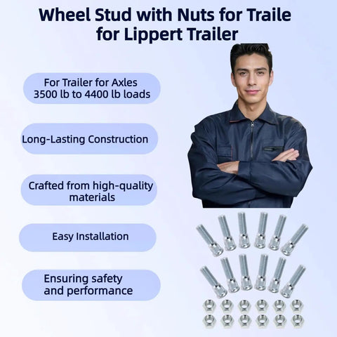 12 Set Trailer Wheel Studs With Nuts For Lippert Axles 3500 To 4400 Lb with man in blue jacket, benefits listed.
