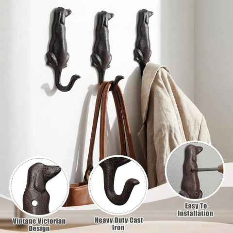 Kickass Cast Iron Dog Tail Hooks, Straight Up 4 Pack Wall Mount Leash Holders With Screws and Anchors, rustic design with bags and coats.