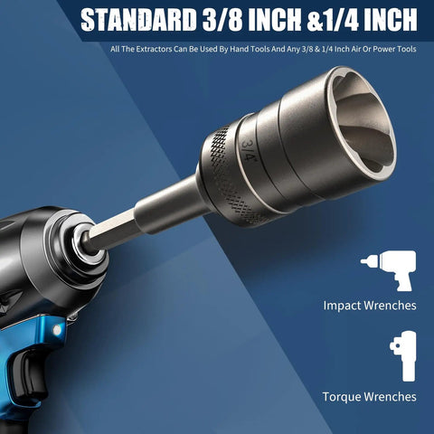 Upgrade Bolt Extractor Kit For Damaged Bolts And Nuts, 32 Piece Socket Set showing 3/8 inch adapter attached to power tool.
