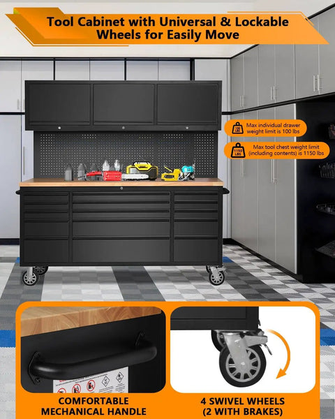 Hella Heavy Duty 72 Inch Rolling Tool Chest With 15 Drawers And Smooth Glide Wheels, Cold Rolled Steel Workshop Cabinet With Rubber Wood Top, Black Garage Storage Rack