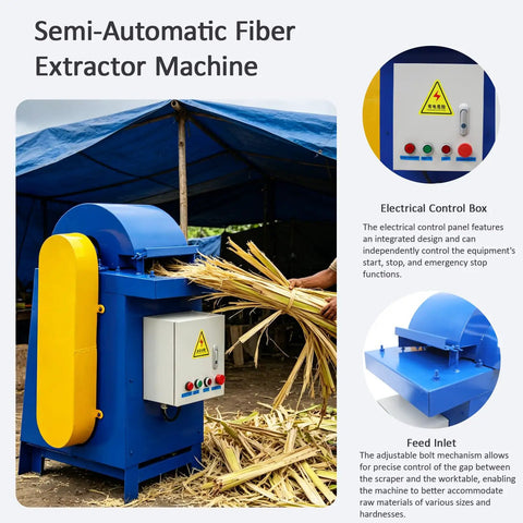 Semi Automatic Fiber Extractor Machine crushes fresh plant residue fast built tough for backyard farms, featuring control box and feed inlet.