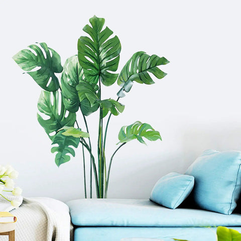 Monstera Wall Decals For Living Room And Bedroom Decor Tropical Plants Wall Stickers Vinyl Mural Kit with sofa in view