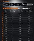 Drill size chart for Crostar step drill bit set with 16 sizes ranging from 1/16 to 1/2 inch, showing flute and overall sizes.