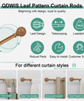 Wood Curtain Rod Set With Adjustable 36 To 120 Inch Length, 1 Inch Diameter, Imitation Wood Grain Finish, Leaf Pattern Finials