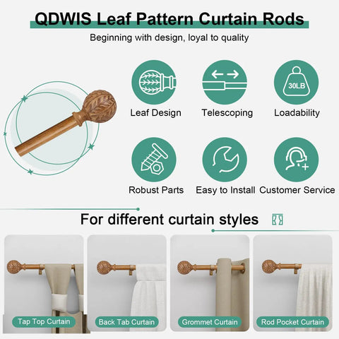 Wood Curtain Rod Set With Adjustable 36 To 120 Inch Length, 1 Inch Diameter, Imitation Wood Grain Finish, Leaf Pattern Finials