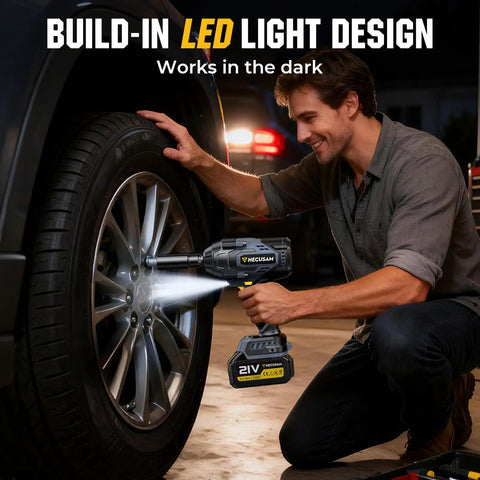 Pro Level Bad Boy 1/2 Inch Cordless Impact Wrench 1328 Ft Lbs Peak Torque Brushless Motor With Two 4 Amp Hour Batteries 4 Speed Settings For Heavy Duty Auto Shop And Garage Projects in use with LED light on.