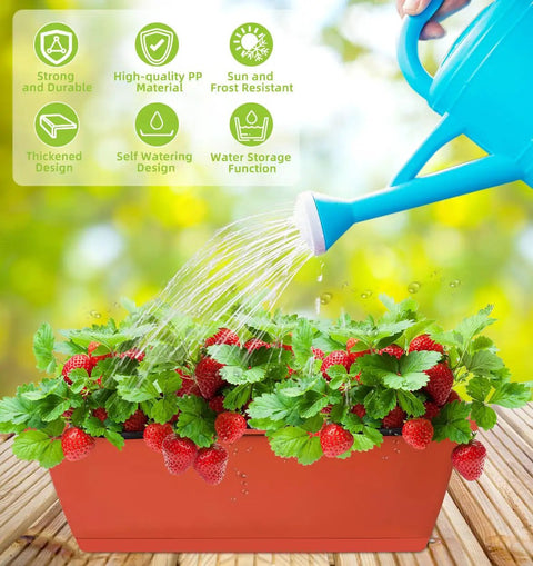 Durable 17 Inch Window Box Planter For Indoor Outdoor Gardens Plastic Rectangular Flower Pots With Saucers All Weather Ready And Great For Vegetables And Herbs Brick Red Patio Decor Easy To Clean with green plants.