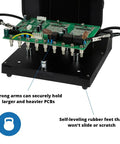 Circuit Vise With Built In Fume Extractor Mount And Tool Holder for PCB Soldering showing strong arms and self-level rubber feet
