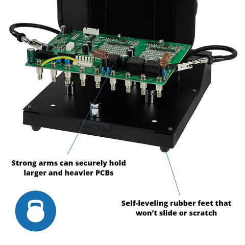 Circuit Vise With Built In Fume Extractor Mount And Tool Holder for PCB Soldering showing strong arms and self-level rubber feet