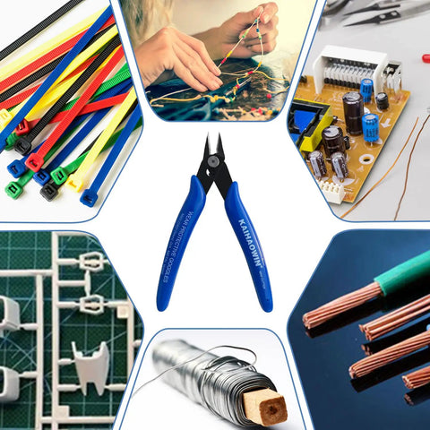 Ten Pack Mini Wire Cutters For Electronics And Jewelry Making, Five Inch Flush Cut Nippers With Blue Handles displayed among wires and tools