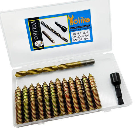 12 Pack Three Eighths Inch By Sixteen Threads Hanger Bolts With Pro Grade Alloy Steel Driver And HSS Twist Drill in case