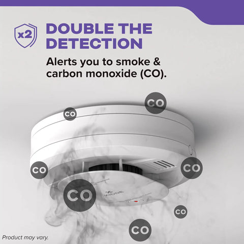 Two In One Smoke And Carbon Monoxide Detector Bundle With Ten Year Battery, Model 30CUD10, Two Pack, Faster Smoke Detection, Red LED Alert For Home Safety, round ceiling alarm