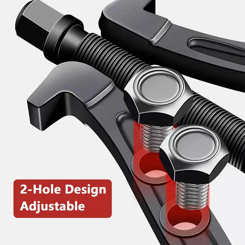 Close-up of the Heavy Duty Carbon Steel Small Gear Puller and Bearing Removal Tool showing adjustable 2-hole design with bolts.