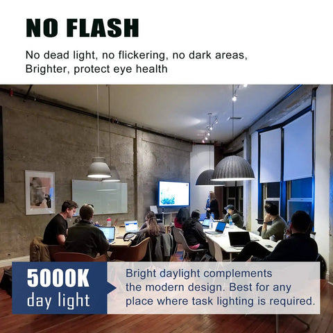 Office meeting room illuminated by 5000K daylight bulbs, enhancing visibility and screen display, with modern pendant lights.