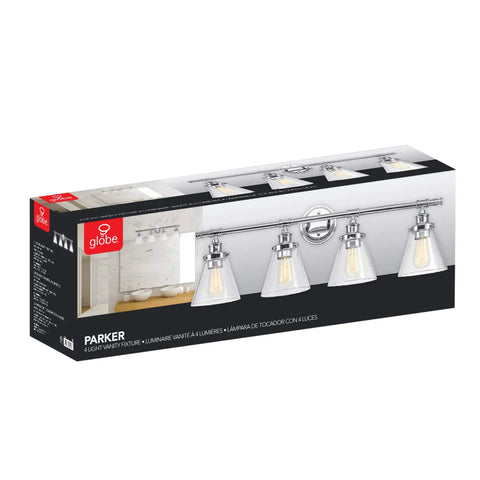 Box of Dope Vintage Modern Chrome Vanity Light Fixture With Four Lights And Glass Shades Fully Dimmable Bulbs Not Included Wide 33.69 Inch Mount Perfect For Bathroom Bedroom Or Kitchen Decor
