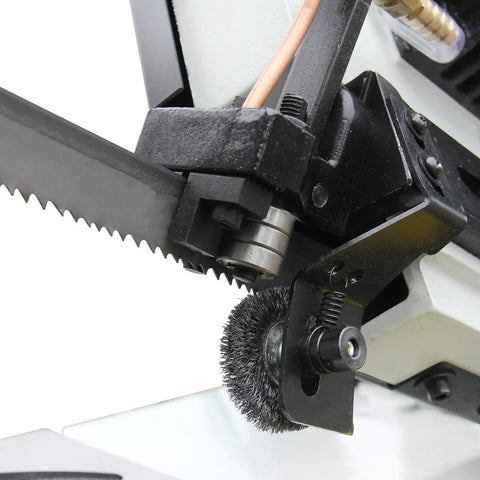 Close-up of cutting blade and hydraulic feed on 9 Inch Metal Horizontal Band Saw With 9x12 Inch Rectangular Cutting Capacity, Model BS912B