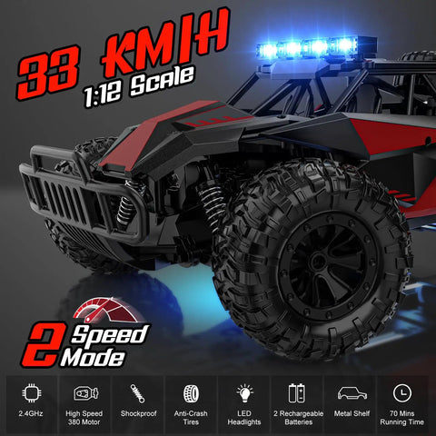 Ultra Fast One To Twelve Scale Remote Control Car Dope Off Road Monster Truck with rugged tires and LED headlights