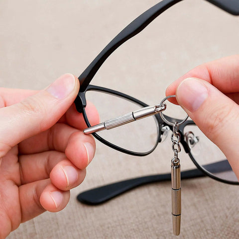 Using the Compact 4 Piece Mini Eyeglass Screwdriver Set With 3 In 1 Flathead And Phillips Drivers on eyeglass frame hinge.