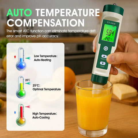 All In One PH Meter for Foodie Kitchens and Home Use with ATC and Backlit Display, testing orange juice with temperature feature