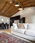 Industrial Semi Flush Mount Ceiling Light Matte Black Farmhouse Fixture installed in living room, wooden ceiling, E26 socket