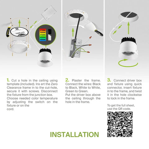 Installation guide for Trimless 4 Inch LED Recessed Downlight Canless 15W 120V Dimmable No Fuss Ceiling Light With J Box 5 CCT